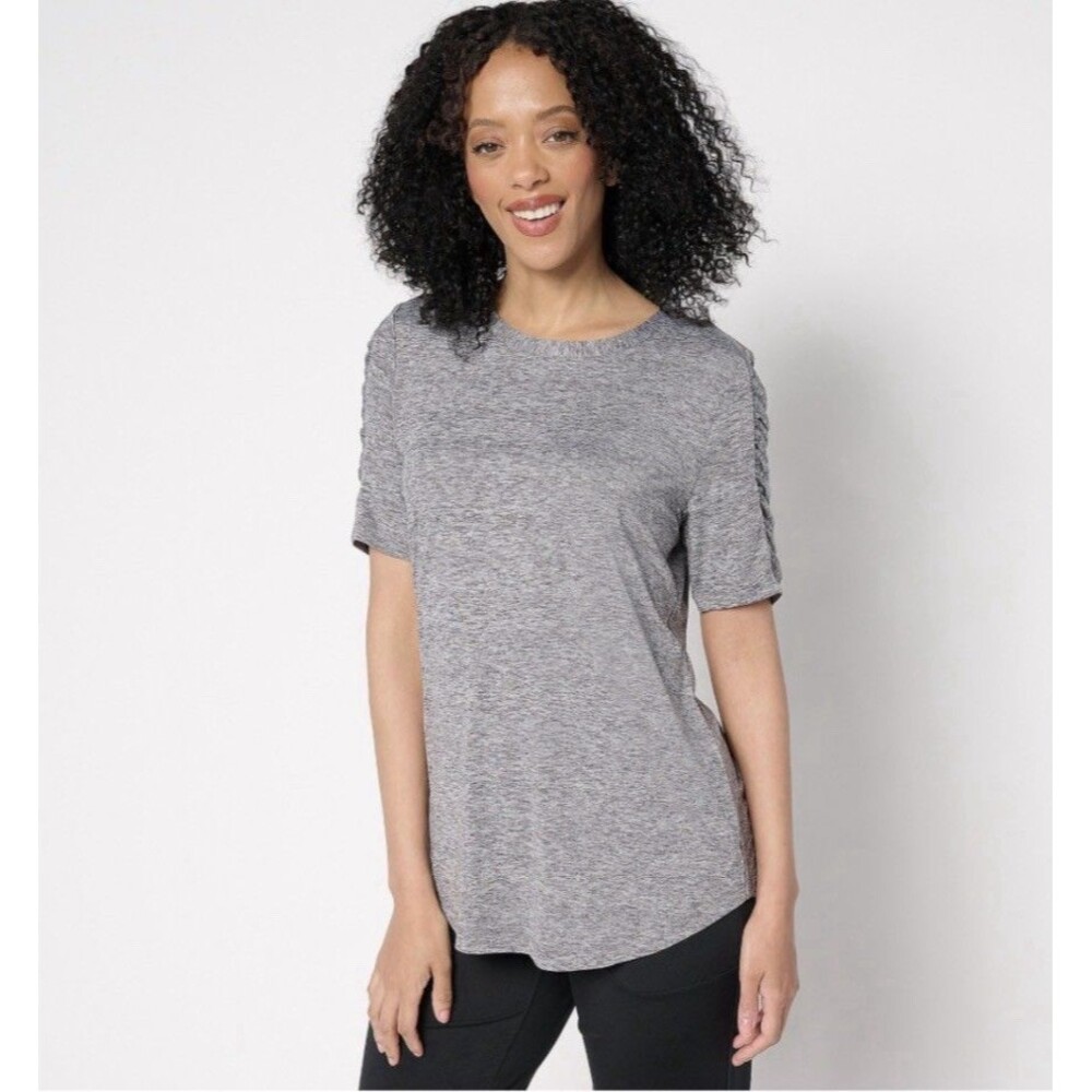 Denim & Co. Active Petite Cool to the Touch Jersey Tunic Heather Grey Sz MP